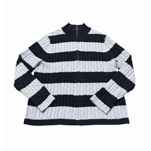 LL Bean Sweater Womans XL Petite Full Zip Light Blue Striped Cable Knit Vintage